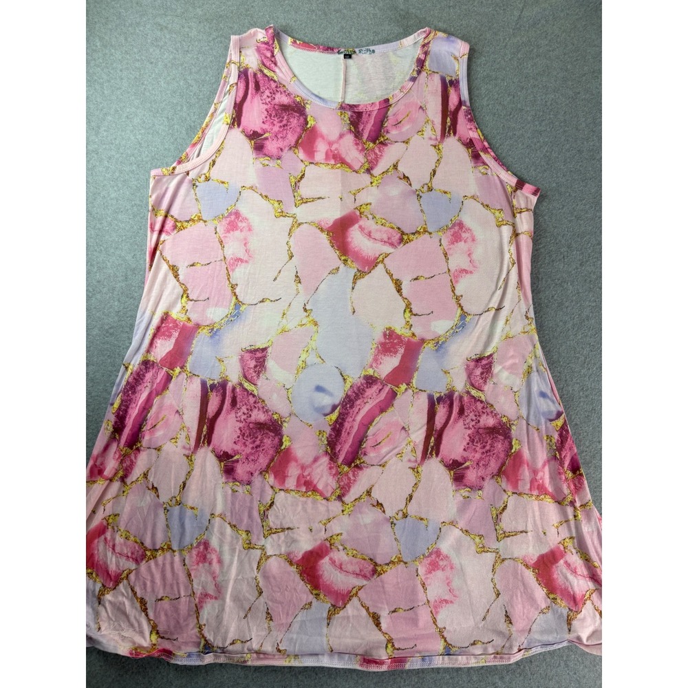 Pink Geode Marble Print Sleeveless Tunic Dress with Pockets Plus‎ Size 3XL